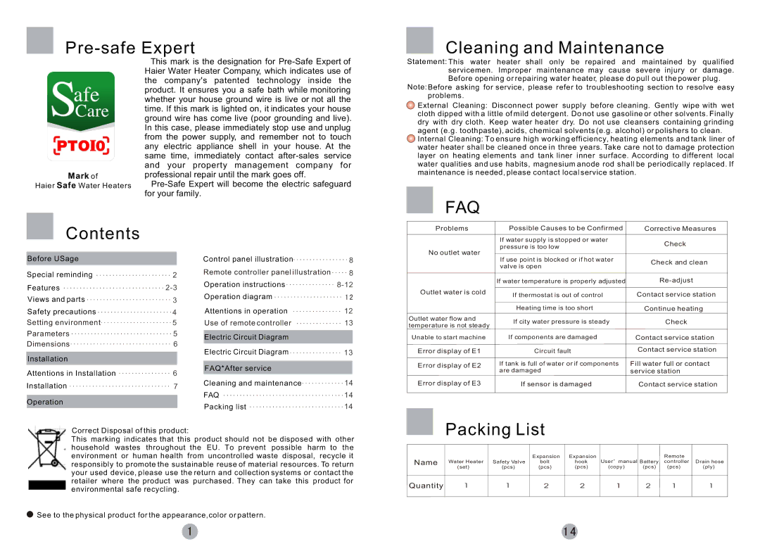 Haier FCD-HTHMG50-III(E), FCD-HTHMG60-III(E), FCD-HTHMG80-III(E), FCD-HTHMG100-III(E) user manual Contents, Packing List 