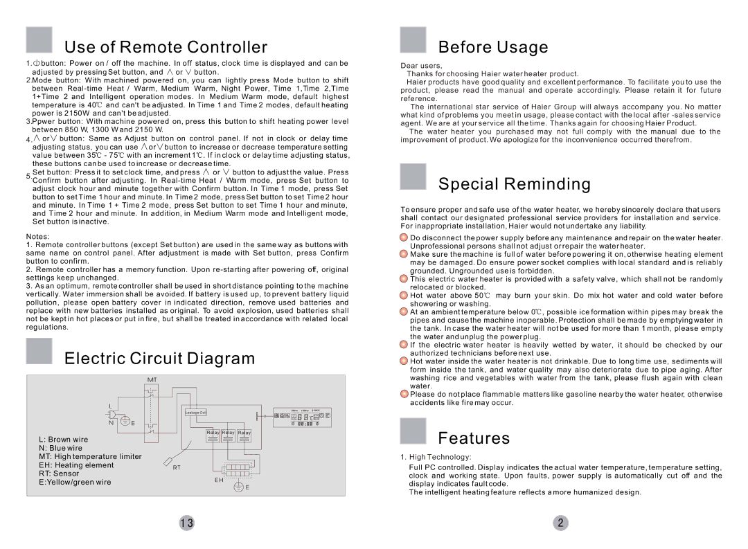 Haier FCD-HTHMG50-III(E), FCD-HTHMG60-III(E), FCD-HTHMG80-III(E), FCD-HTHMG100-III(E) Use of Remote Controller, Features 