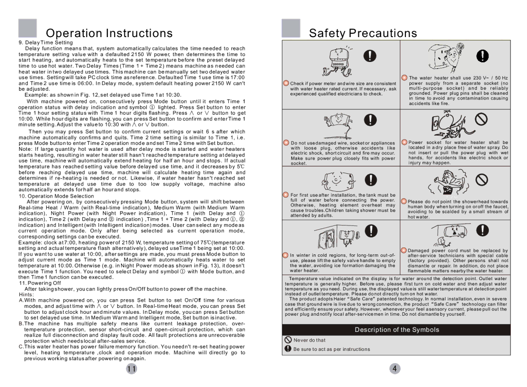 Haier FCD-HTHMG50-III(E), FCD-HTHMG60-III(E), FCD-HTHMG80-III(E), FCD-HTHMG100-III(E) user manual Operation Instructions 