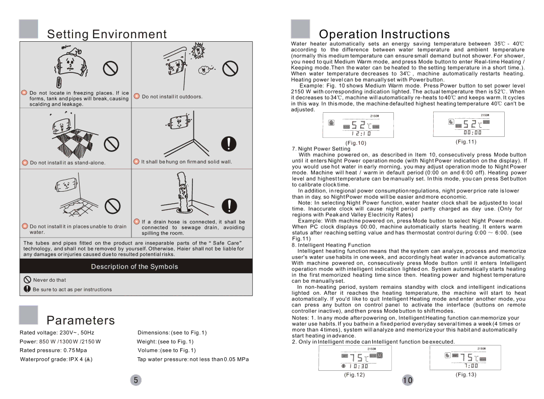 Haier FCD-HTHMG50-III(E), FCD-HTHMG60-III(E), FCD-HTHMG80-III(E), FCD-HTHMG100-III(E) Setting Environment, Parameters 