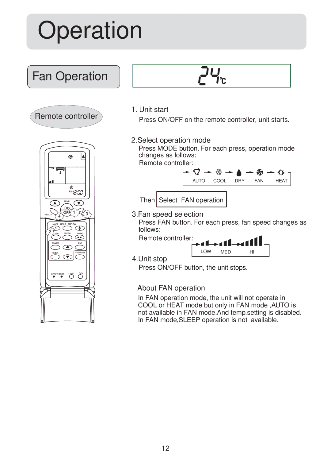 Haier HSU-09C03, HSU-09H03, HSU-12C03, HSU-12H03, HSU-18C03, HSU-18H03, HSU-22C03, HSU-22H03 operation manual Fan Operation 