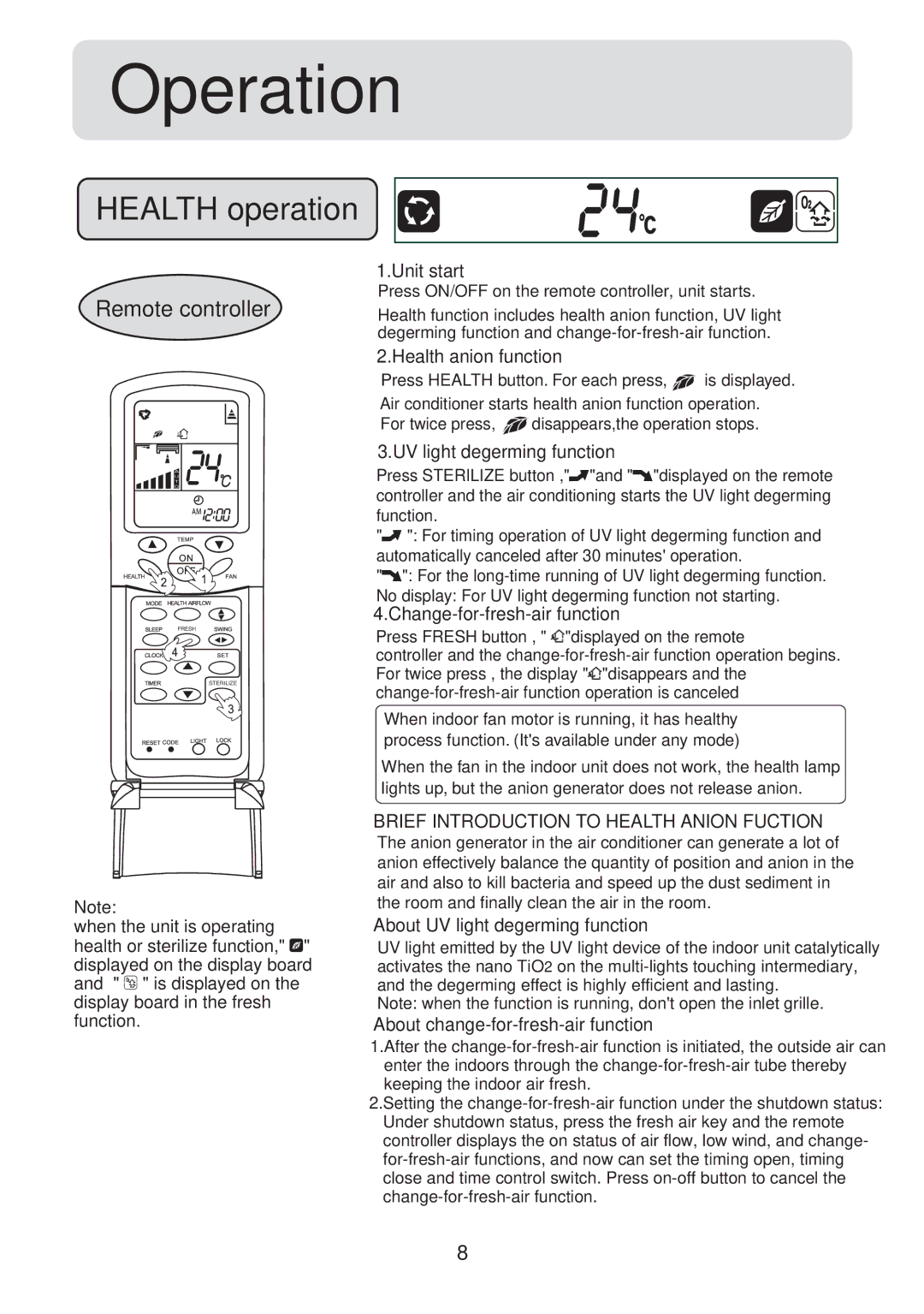 Haier HSU-09C03, HSU-09H03, HSU-12C03, HSU-12H03, HSU-18C03, HSU-18H03, HSU-22C03, HSU-22H03 Operation, Remote controller 