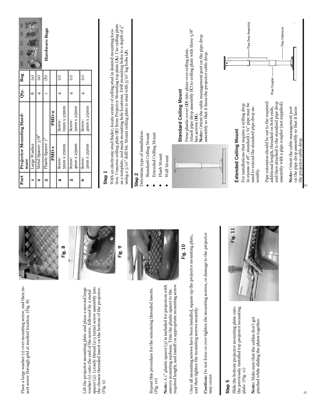 Hakuba PMD1, PMD2 installation instructions Step, Standard Ceiling Mount, Extended Ceiling Mount 