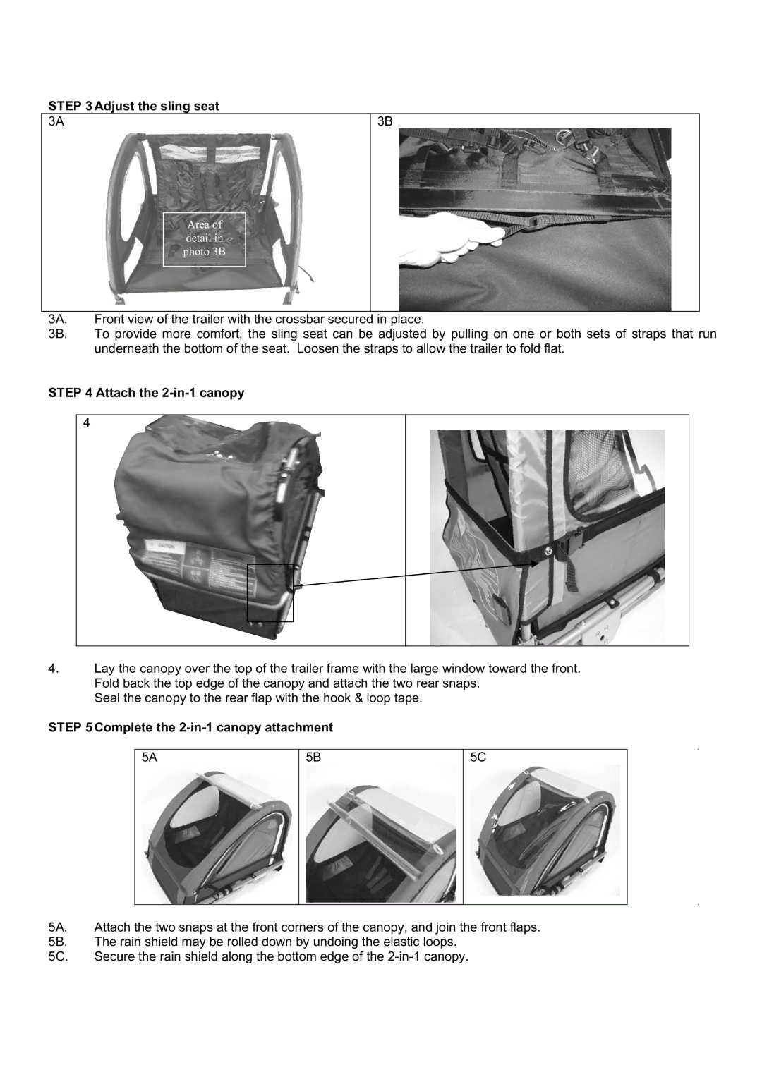 Halfords Bicycle Accessories manual Adjust the sling seat, Attach the 2-in-1 canopy, Complete the 2-in-1 canopy attachment 