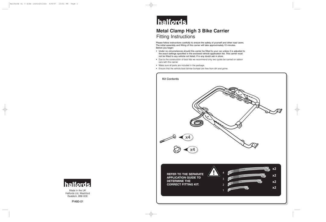 Halfords Bike Rack manual Metal Clamp High 3 Bike Carrier, Fitting Instructions, x2 x2 x2 x2, Correct Fitting Kit 
