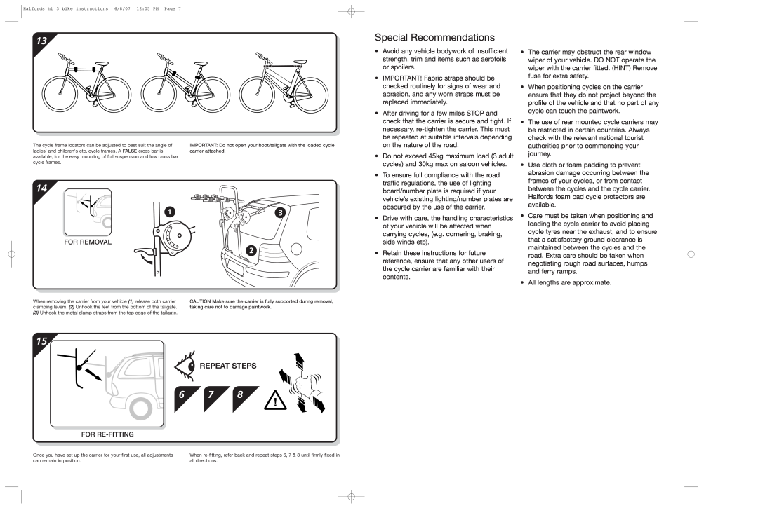 Halfords Bike Rack manual Special Recommendations, Repeat Steps 