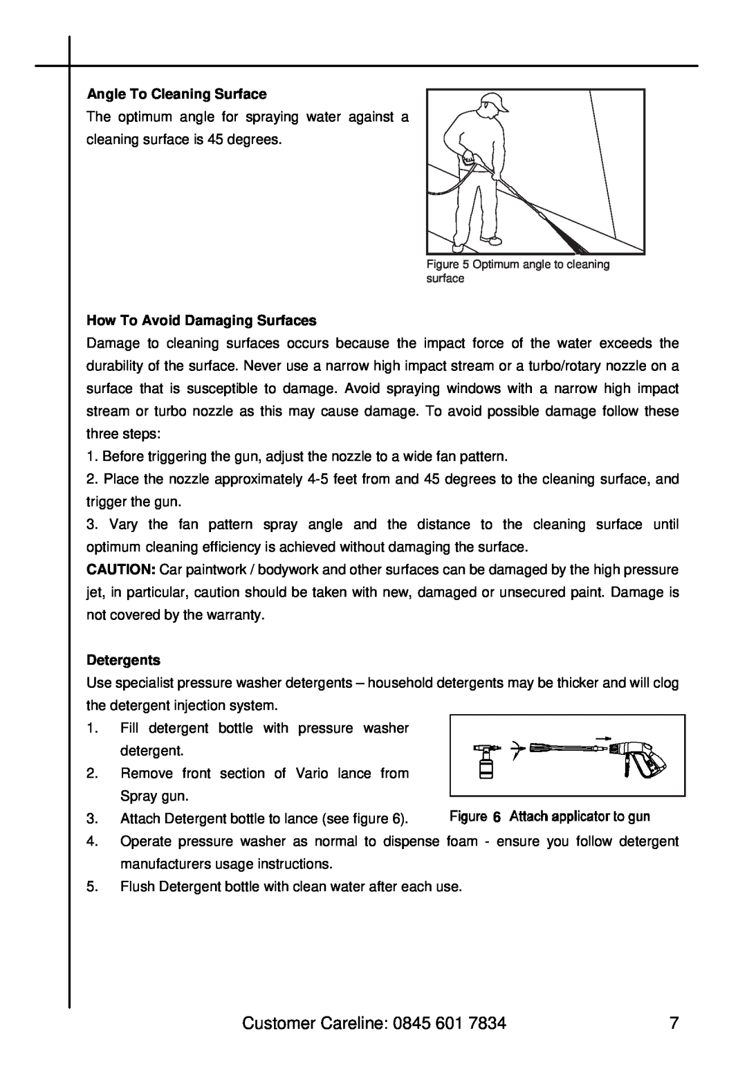 Halfords HP 1400 manual Angle To Cleaning Surface, How To Avoid Damaging Surfaces, Detergents 