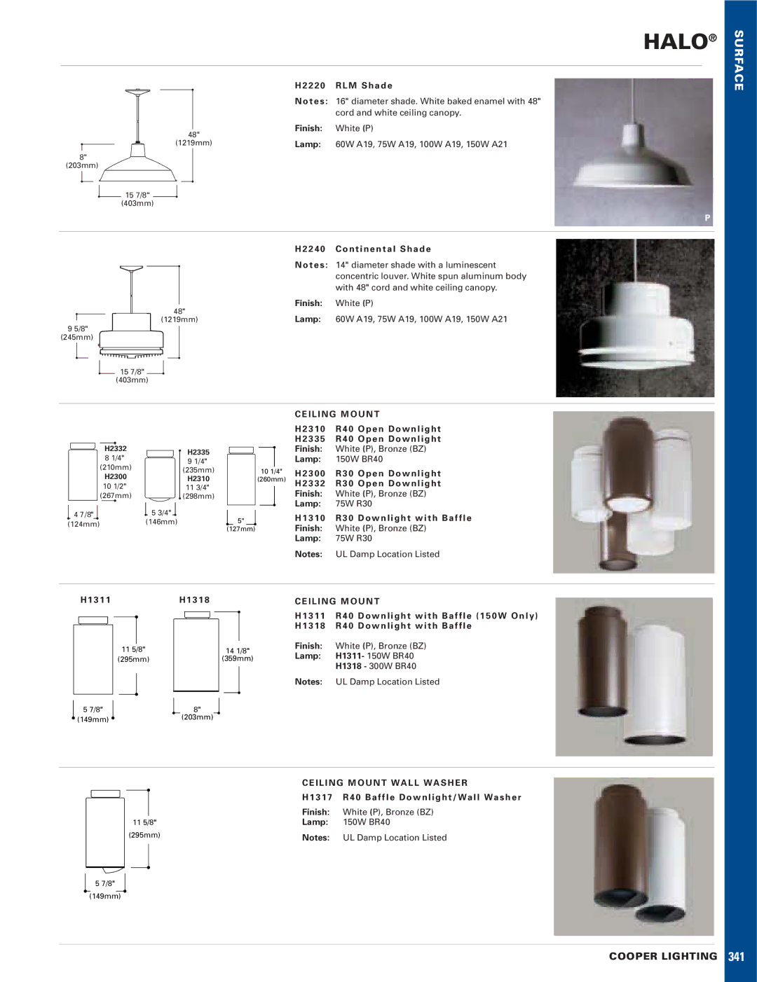 Halo Lighting System H2335, H2240, H2332, H2310, H1318, H2300 manual Halo, Surface, I L I N G M O U N T Wa L L Wa S H E R 