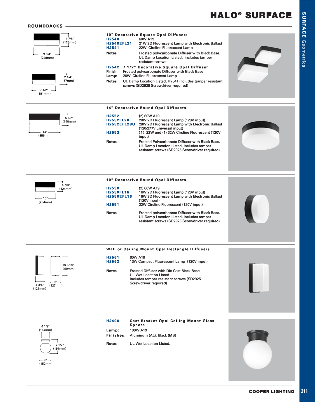 Halo Lighting System H2540 manual Halo Surface, SURFACE Geometrics, R O U N D B A C K S, Cooper Lighting 