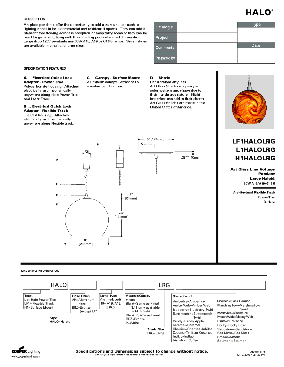 Halo Lighting System LF1HALOLRG specifications Track, Style, Finial Finish, Lamp Type Adapter/Canopy Not included Finish 