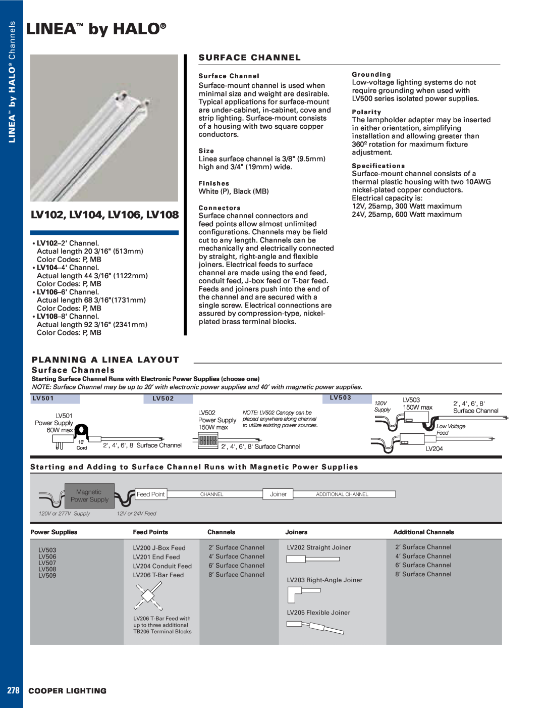 Halo Lighting System specifications LINEA by HALO, LV102, LV104, LV106, LV108, Channels, S U R Fa C E C H A N N E L 