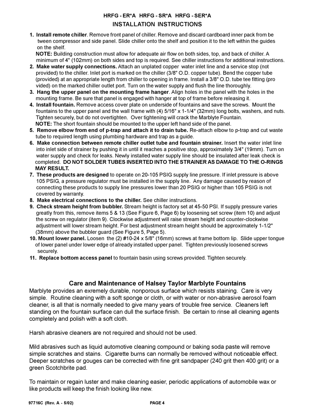 Halsey Taylor HRFG - SR*A, HRFG - SER*A, HRFG - ER*A owner manual Installation Instructions, MAY Result 