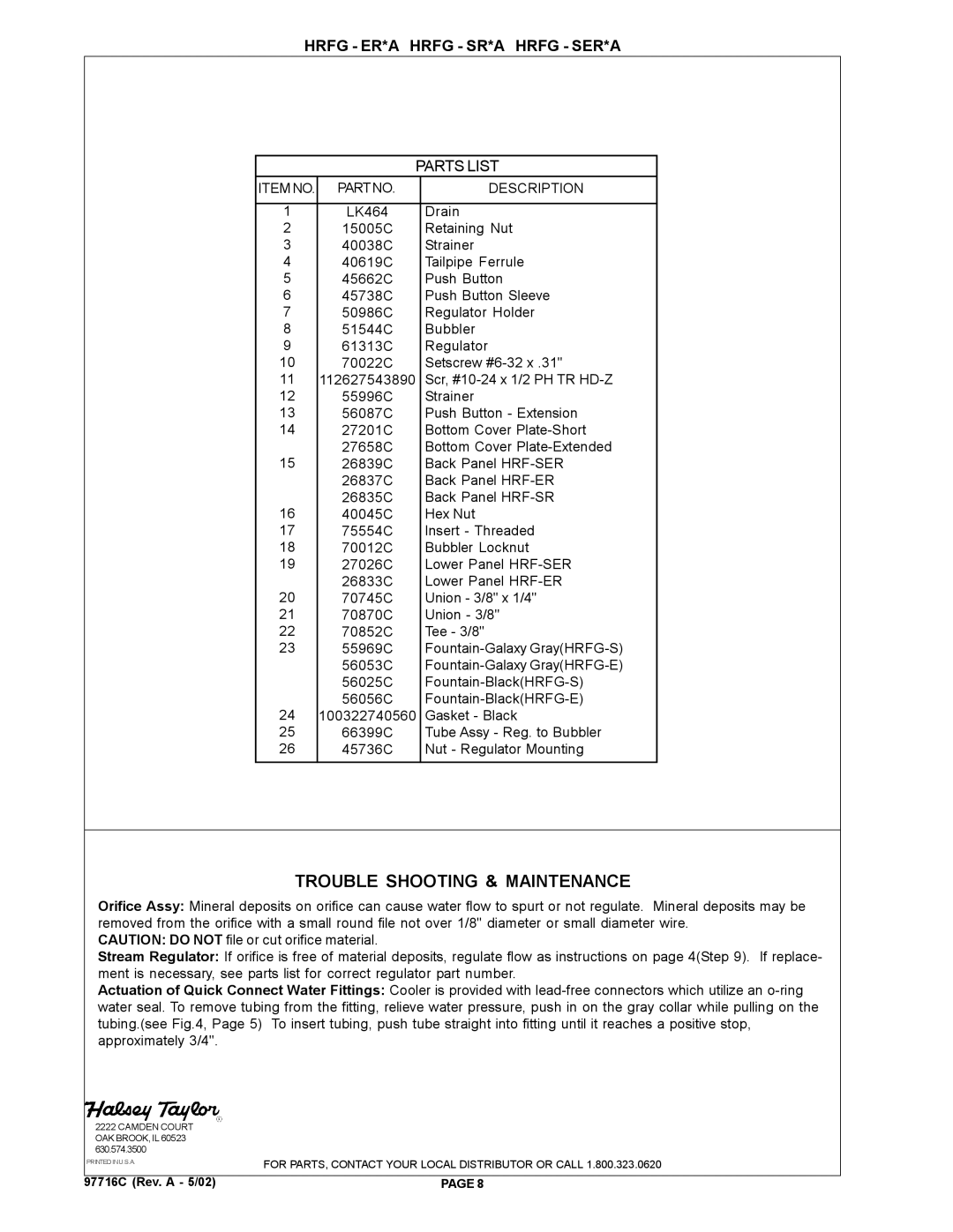 Halsey Taylor HRFG - ER*A, HRFG - SER*A, HRFG - SR*A owner manual Trouble Shooting & Maintenance, Parts List 