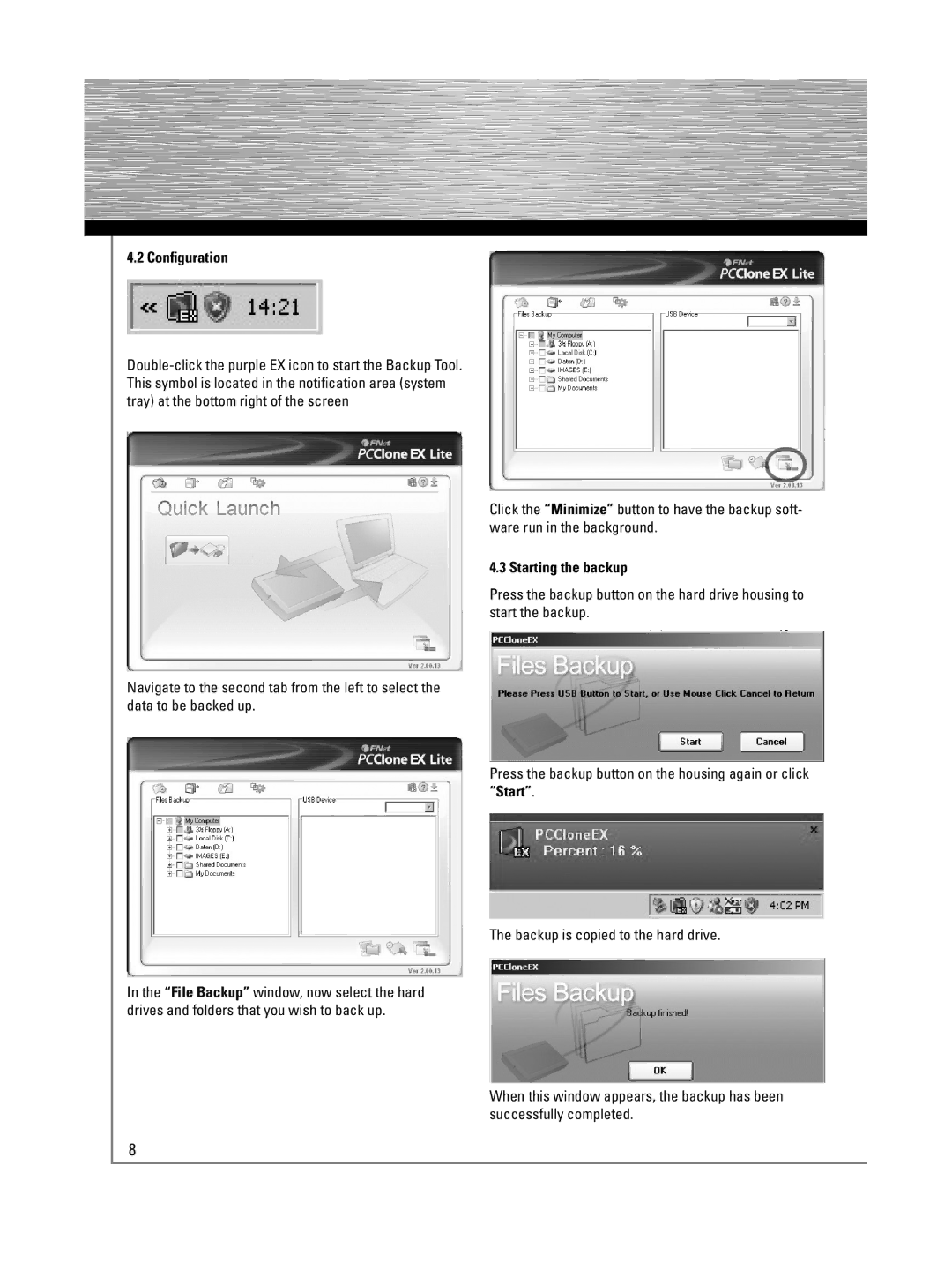 Hama 53106 manual Bedienungsanleitung, Conﬁguration, Starting the backup 