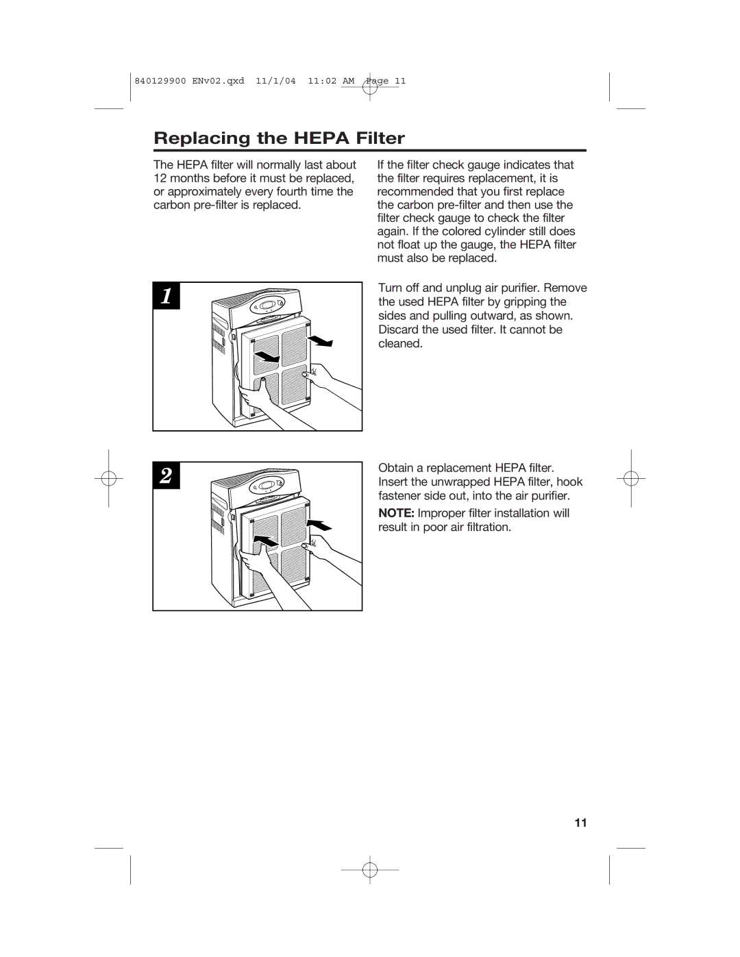 Hamilton Beach 04161, 04162, 04160 manual Replacing the Hepa Filter 