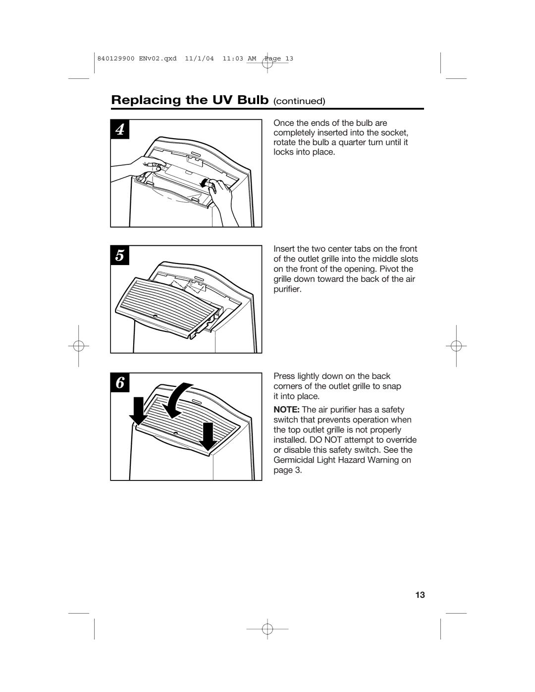 Hamilton Beach 04160, 04162, 04161 manual Replacing the UV Bulb 