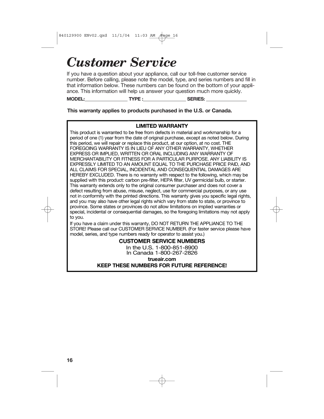 Hamilton Beach 04160, 04162, 04161 manual Customer Service, Trueair.com 