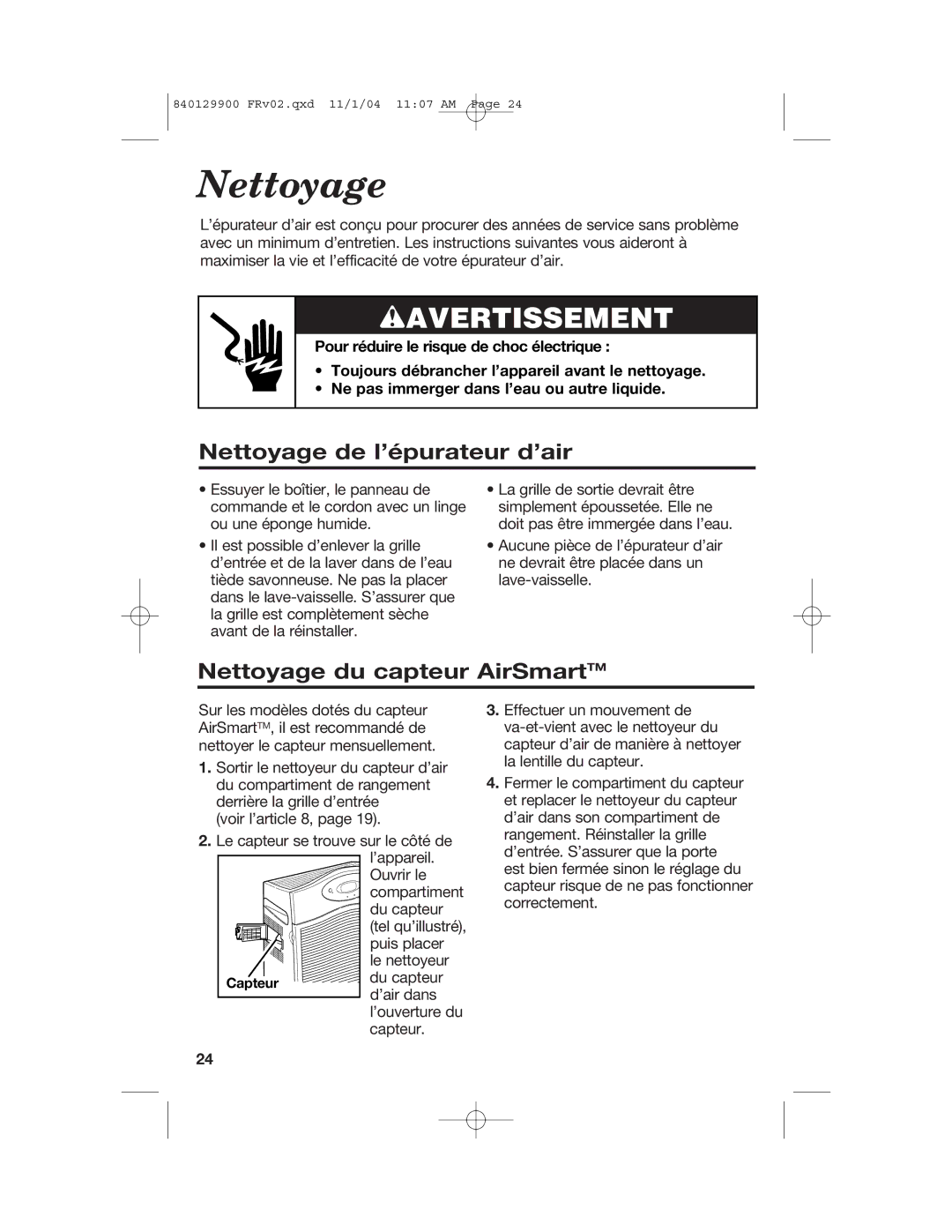 Hamilton Beach 04162, 04160, 04161 manual Nettoyage de l’épurateur d’air, Nettoyage du capteur AirSmartTM 