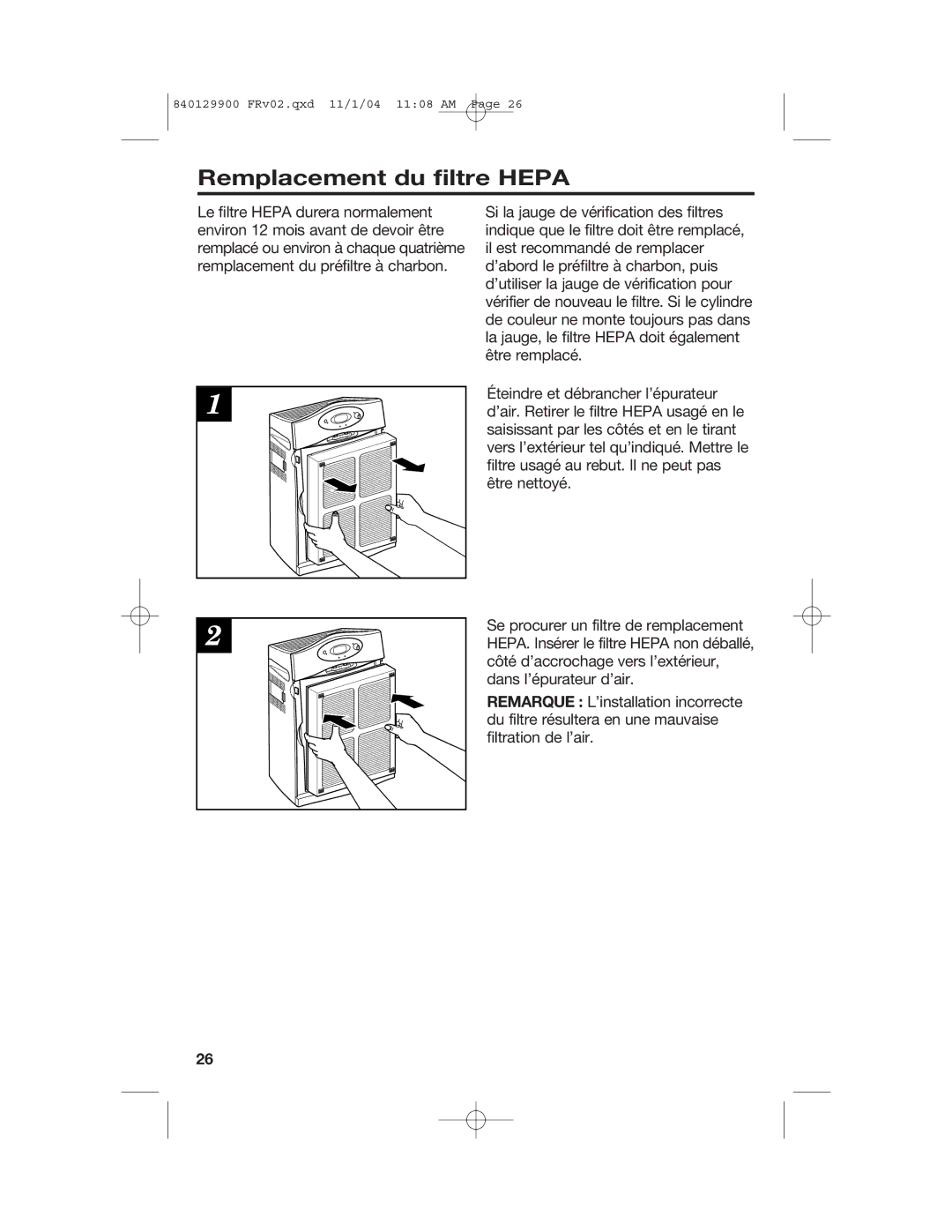 Hamilton Beach 04161, 04162, 04160 manual Remplacement du filtre Hepa 