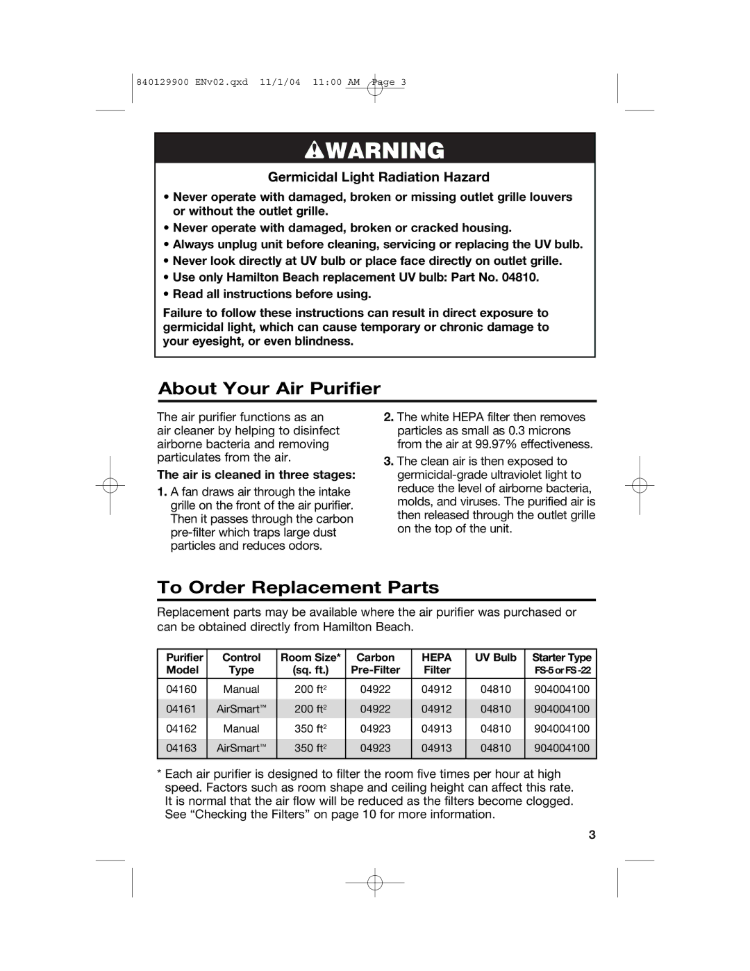 Hamilton Beach 04162, 04160, 04161 manual About Your Air Purifier, To Order Replacement Parts, Air is cleaned in three stages 