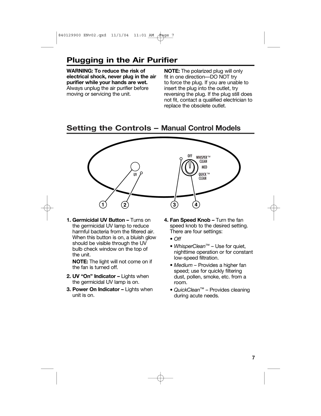 Hamilton Beach 04160, 04162, 04161 manual Plugging in the Air Purifier, Setting the Controls Manual Control Models 