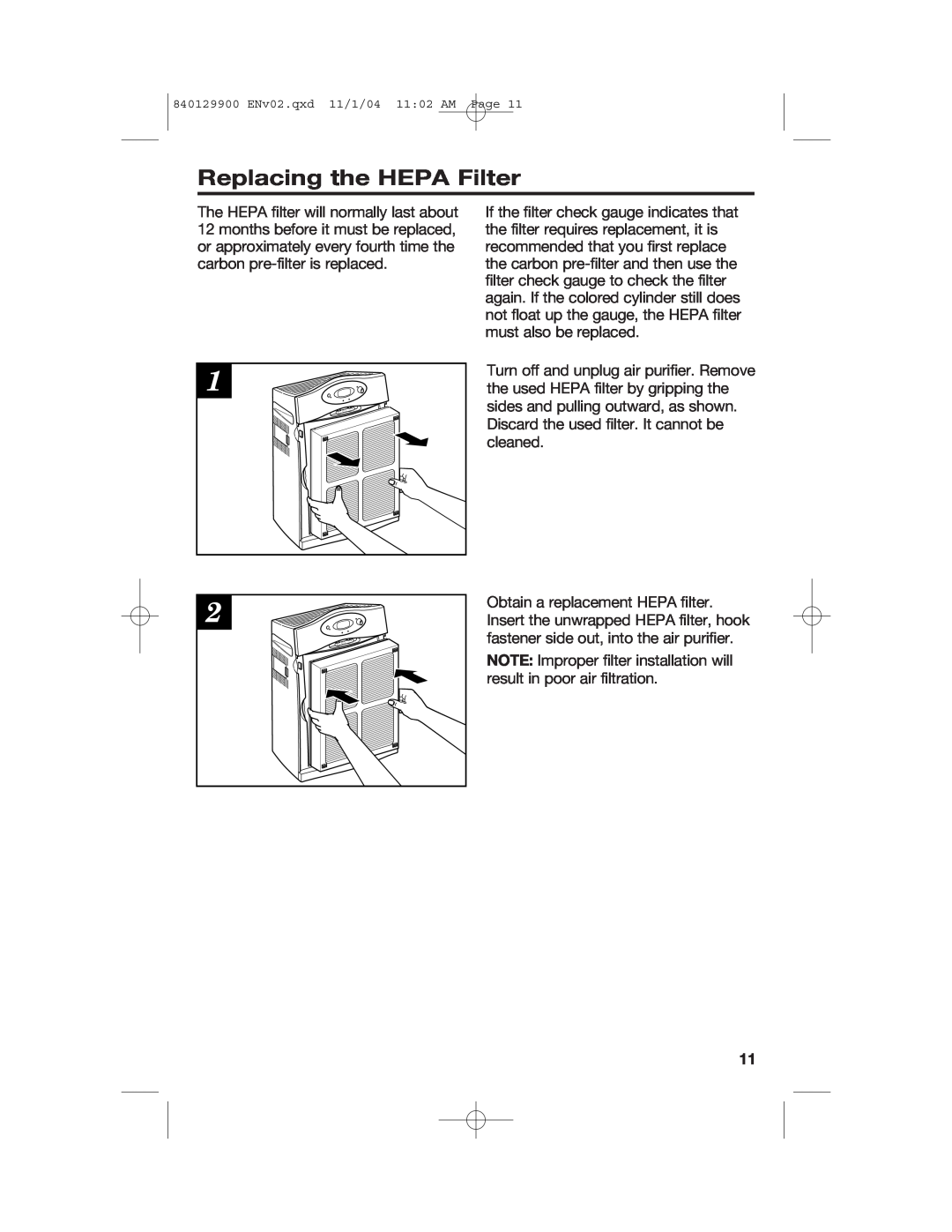 Hamilton Beach 04161, 04162, 04160 manual Replacing the HEPA Filter 