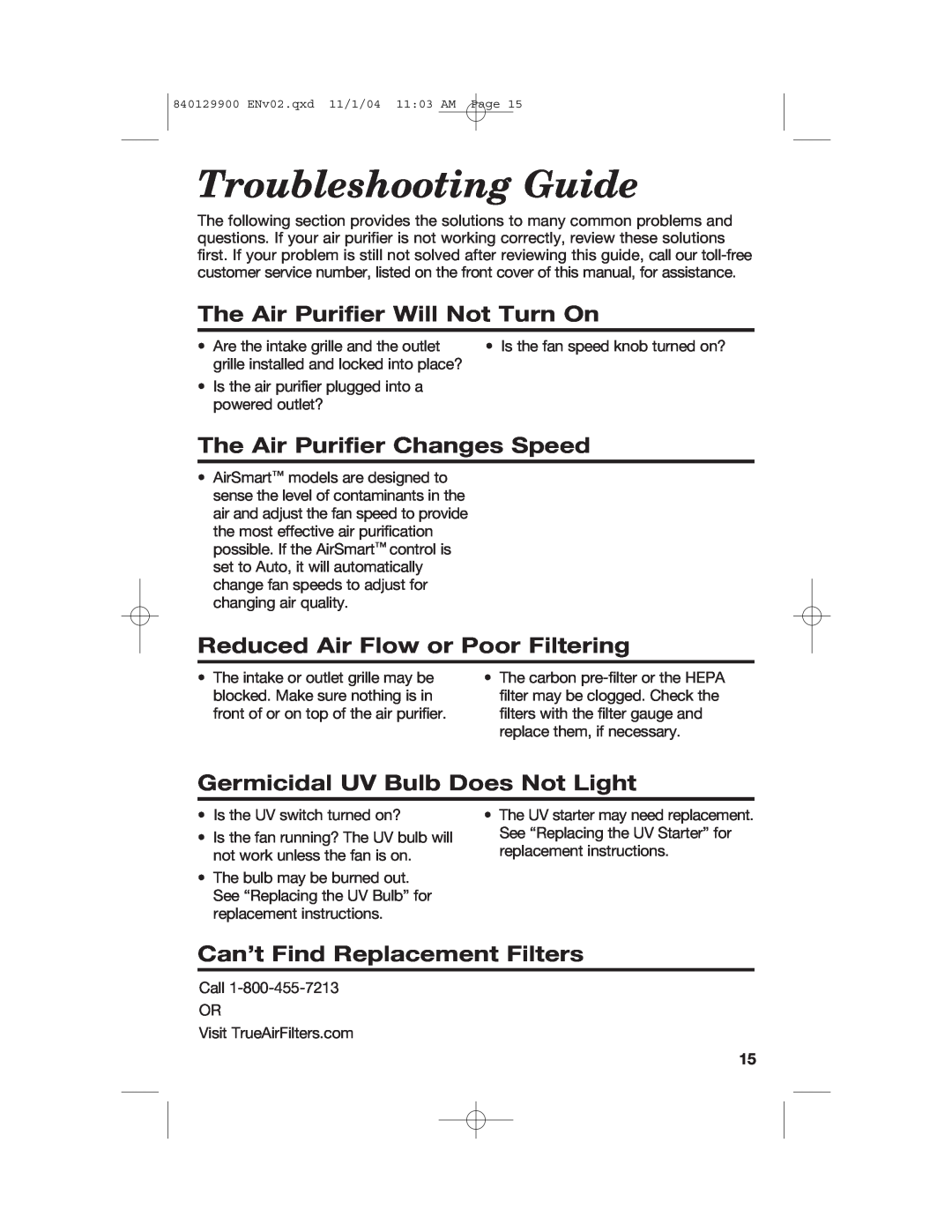 Hamilton Beach 04162, 04160, 04161 Troubleshooting Guide, The Air Purifier Will Not Turn On, The Air Purifier Changes Speed 