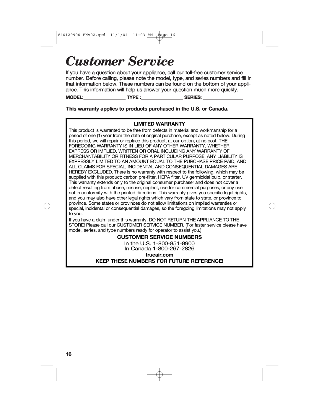 Hamilton Beach 04160, 04162, 04161 manual Customer Service Numbers 