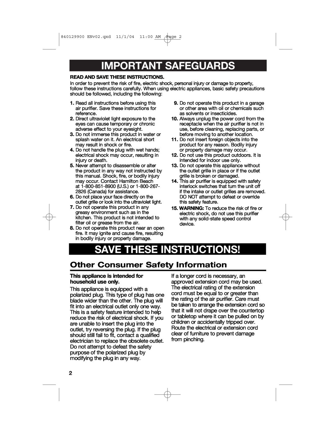 Hamilton Beach 04161, 04162, 04160 manual Important Safeguards, Save These Instructions, Other Consumer Safety Information 