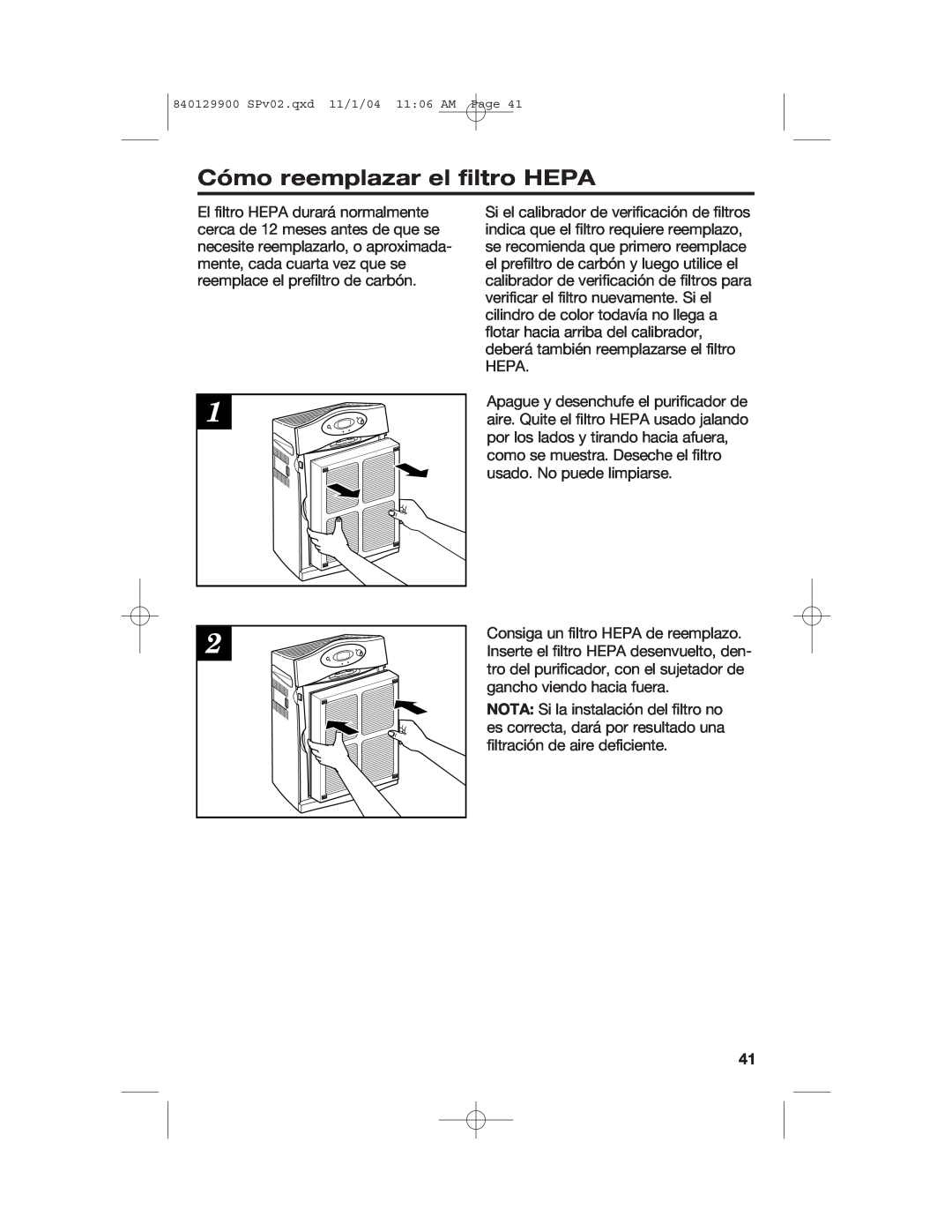 Hamilton Beach 04161, 04162, 04160 manual Cómo reemplazar el filtro HEPA, 840129900 SPv02.qxd 11/1/04 11 06 AM Page 
