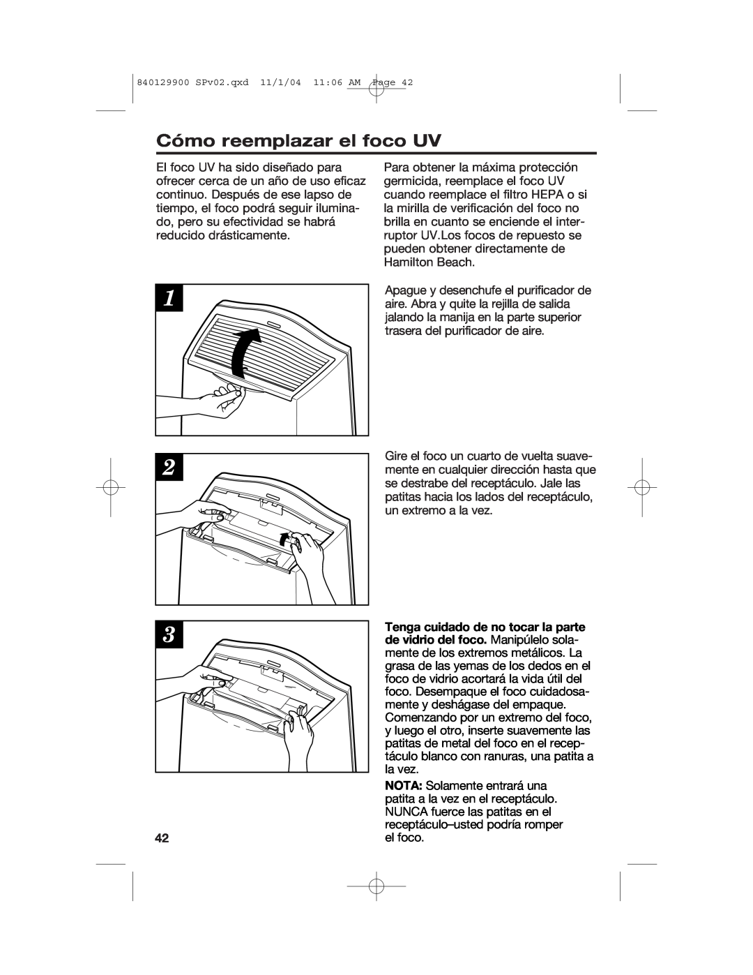 Hamilton Beach 04162, 04160, 04161 manual Cómo reemplazar el foco UV 
