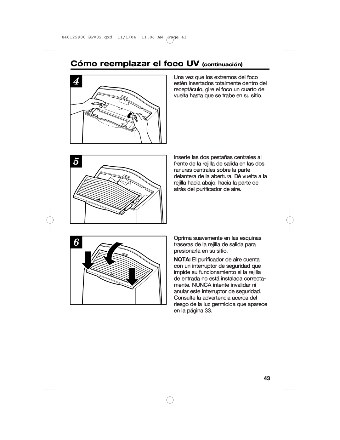 Hamilton Beach 04160, 04162, 04161 manual Cómo reemplazar el foco UV continuación 
