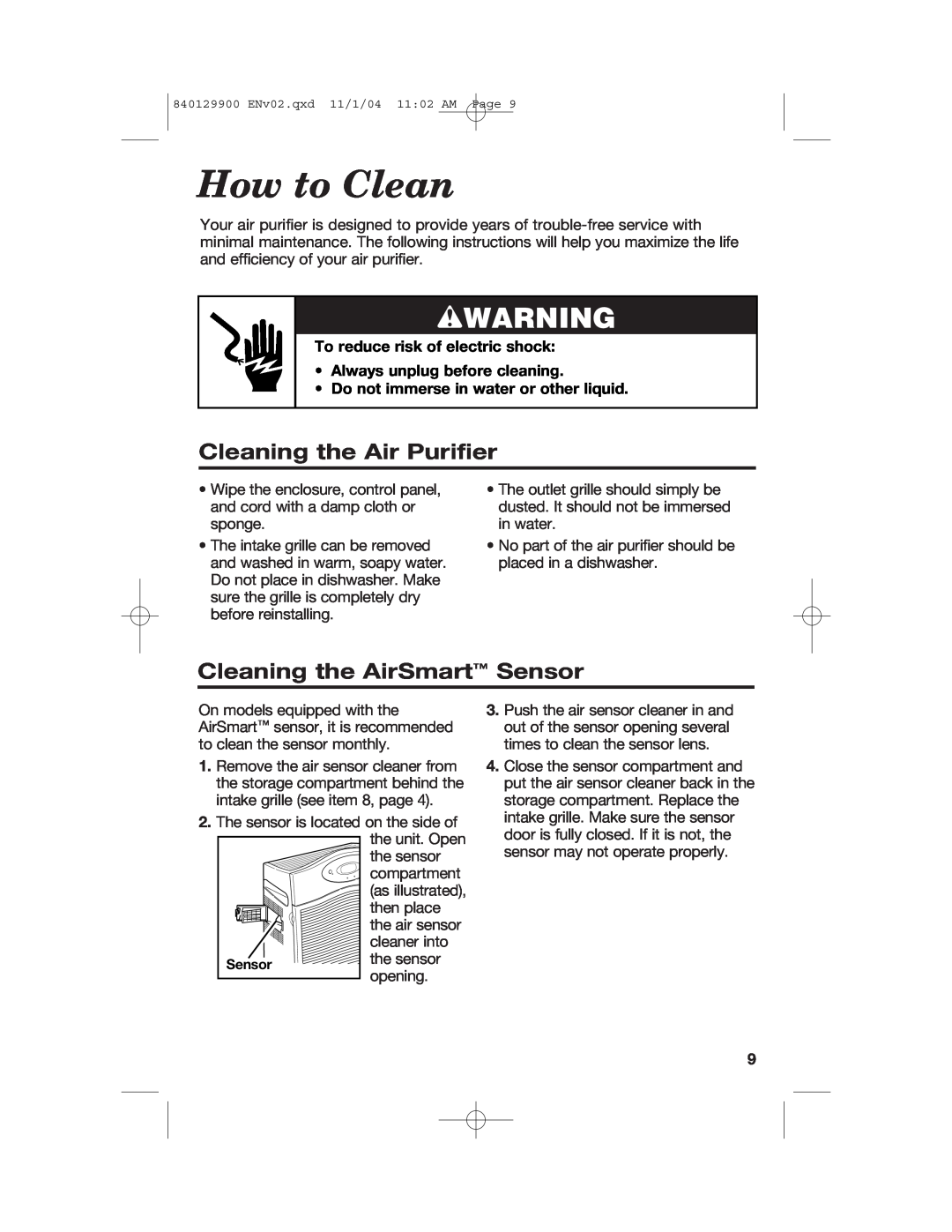 Hamilton Beach 04162, 04160, 04161 manual How to Clean, Cleaning the Air Purifier, Cleaning the AirSmart Sensor, wWARNING 