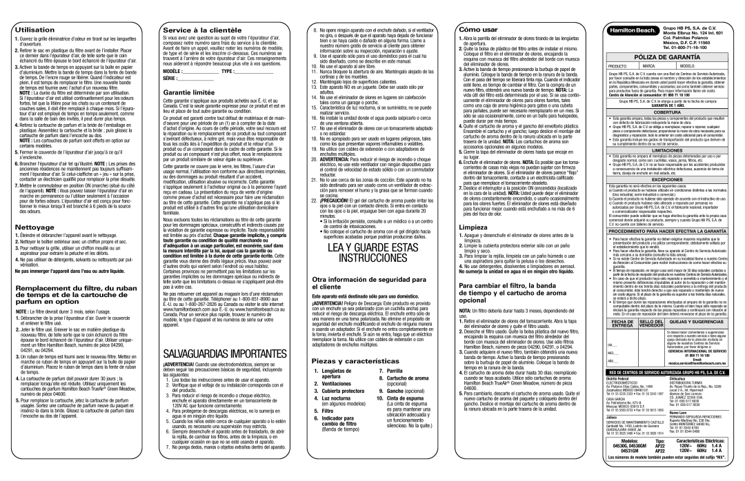 Hamilton Beach 04531GM warranty Garantie limitée, Otra información de seguridad para el cliente, Limpieza 