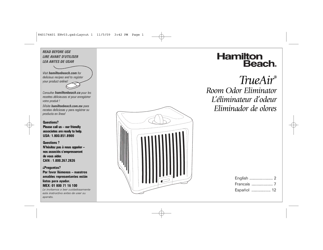 Hamilton Beach 04532GM manual TrueAir, Questions?, Questions ?, Can ¿Preguntas?, MEX 01 800 71 16 