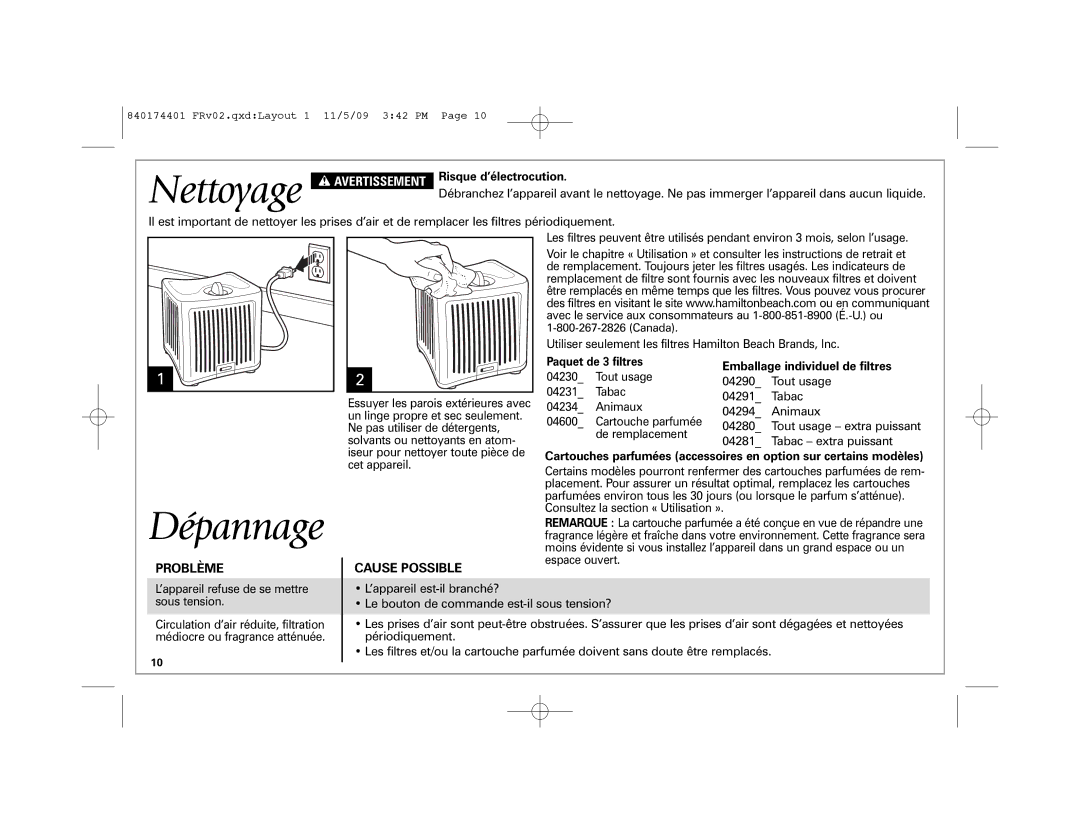 Hamilton Beach 04532GM manual Nettoyage, Dépannage, Problème Cause Possible, Avertissement Risque d’électrocution 