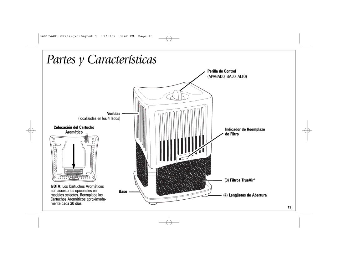 Hamilton Beach 04532GM manual Partes y Características, Ventilas, Colocación del Cartucho Aromático, Perilla de Control 