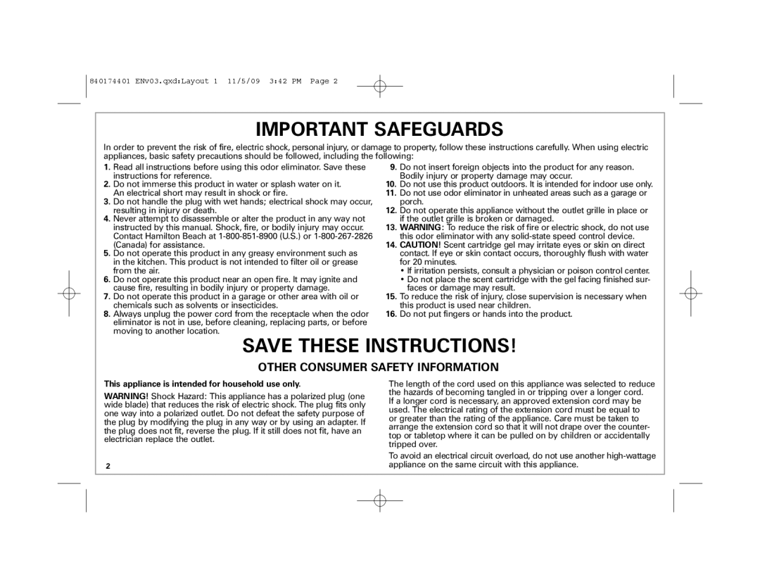 Hamilton Beach 04532GM manual Important Safeguards, This appliance is intended for household use only 