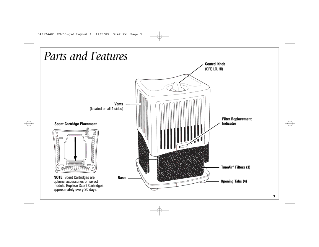 Hamilton Beach 04532GM manual Parts and Features, Vents, Scent Cartridge Placement, Control Knob 