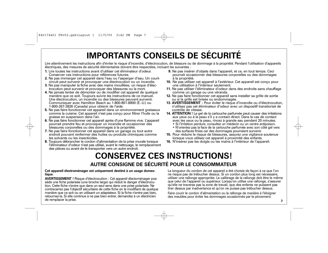 Hamilton Beach 04532GM manual Importants Conseils DE Sécurité 