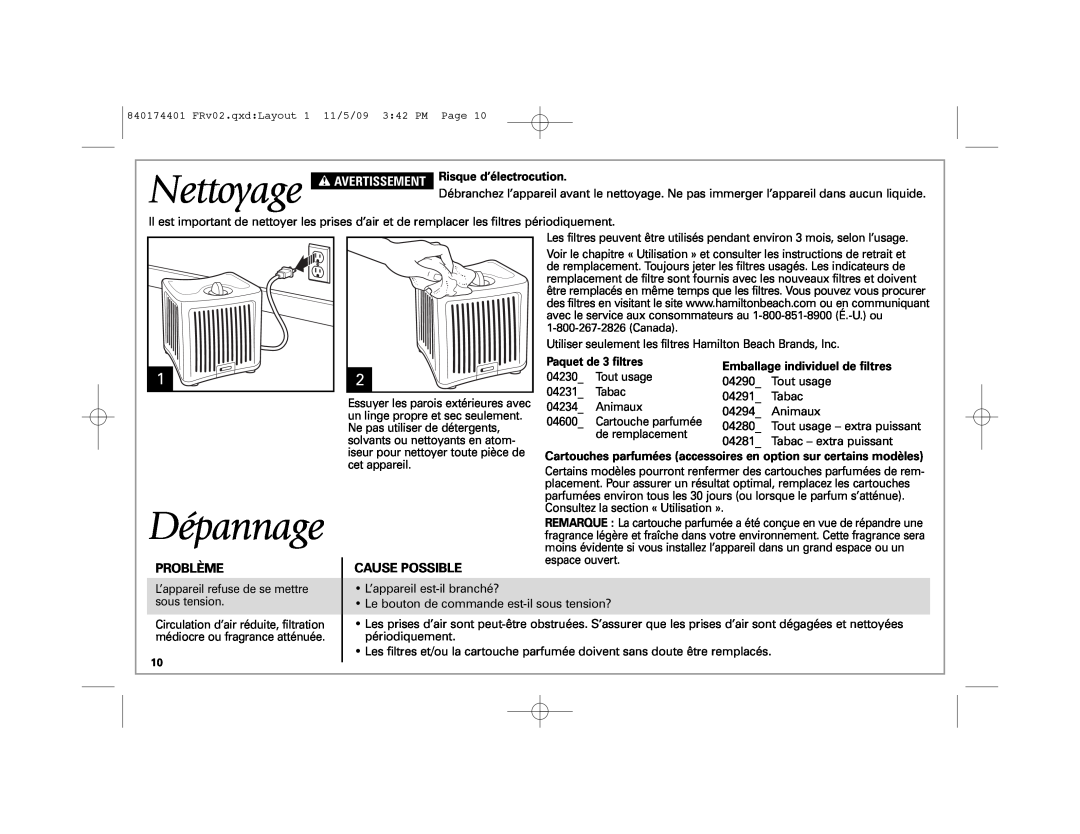 Hamilton Beach 04532GM manual Nettoyage, Dépannage, Problème, Cause Possible, w AVERTISSEMENT Risque d’électrocution 