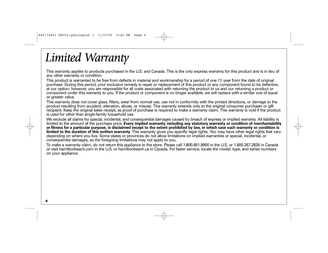 Hamilton Beach 04532GM manual Limited Warranty 