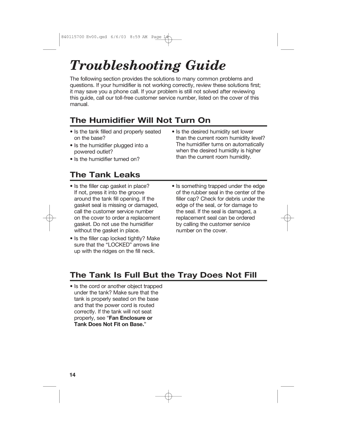 Hamilton Beach 05520C, 05518C, 05910, 05519C, 05521C, 05920 Troubleshooting Guide, Humidifier Will Not Turn On, Tank Leaks 