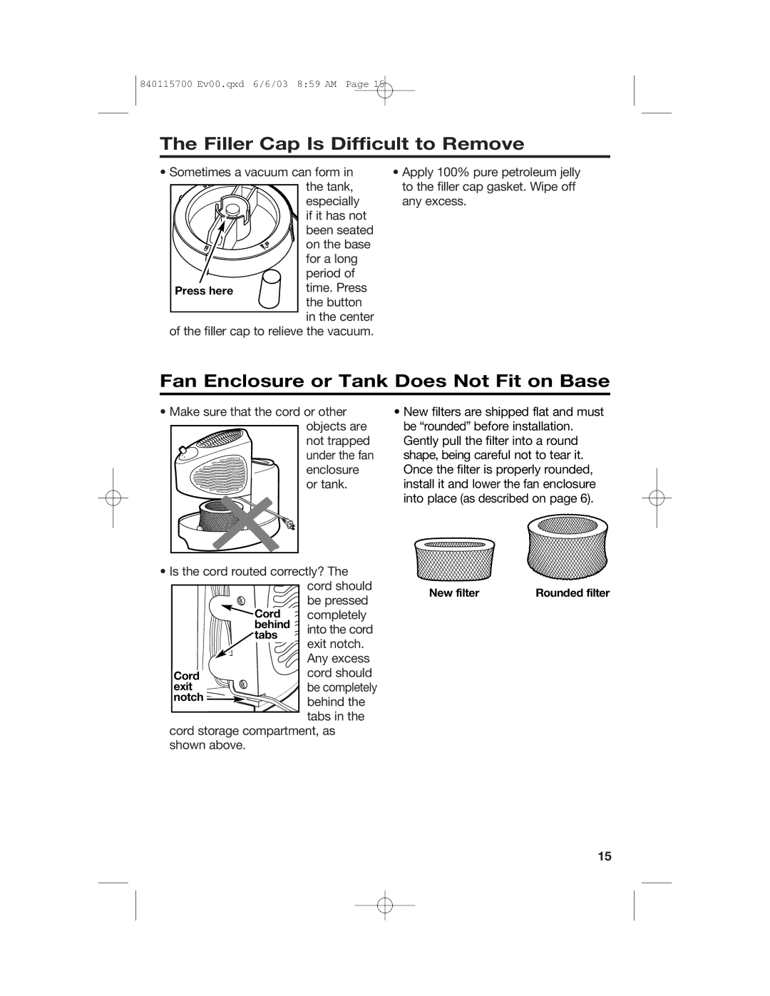 Hamilton Beach 05519, 05520C, 05518C, 05910 Filler Cap Is Difficult to Remove, Fan Enclosure or Tank Does Not Fit on Base 