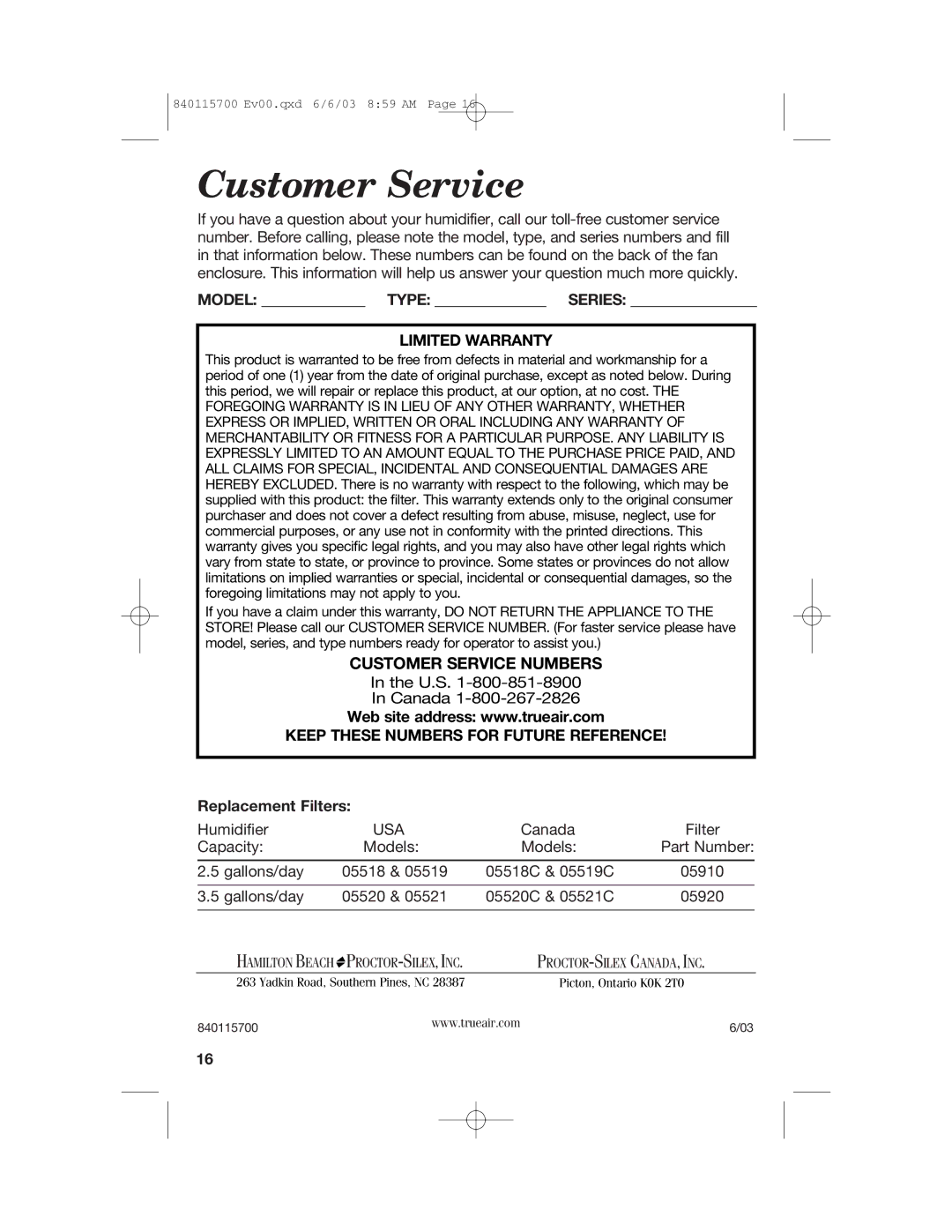 Hamilton Beach 05920, 05520C, 05518C, 05910, 05519C, 05521C manual Customer Service, Model Type Series, Replacement Filters 