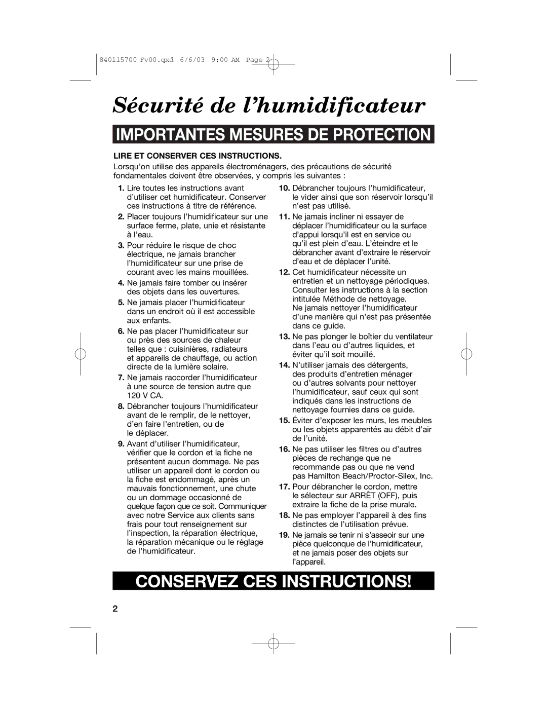 Hamilton Beach 05520C, 05518C, 05910, 05519C, 05521C, 05920 Sécurité de l’humidificateur, Importantes Mesures DE Protection 