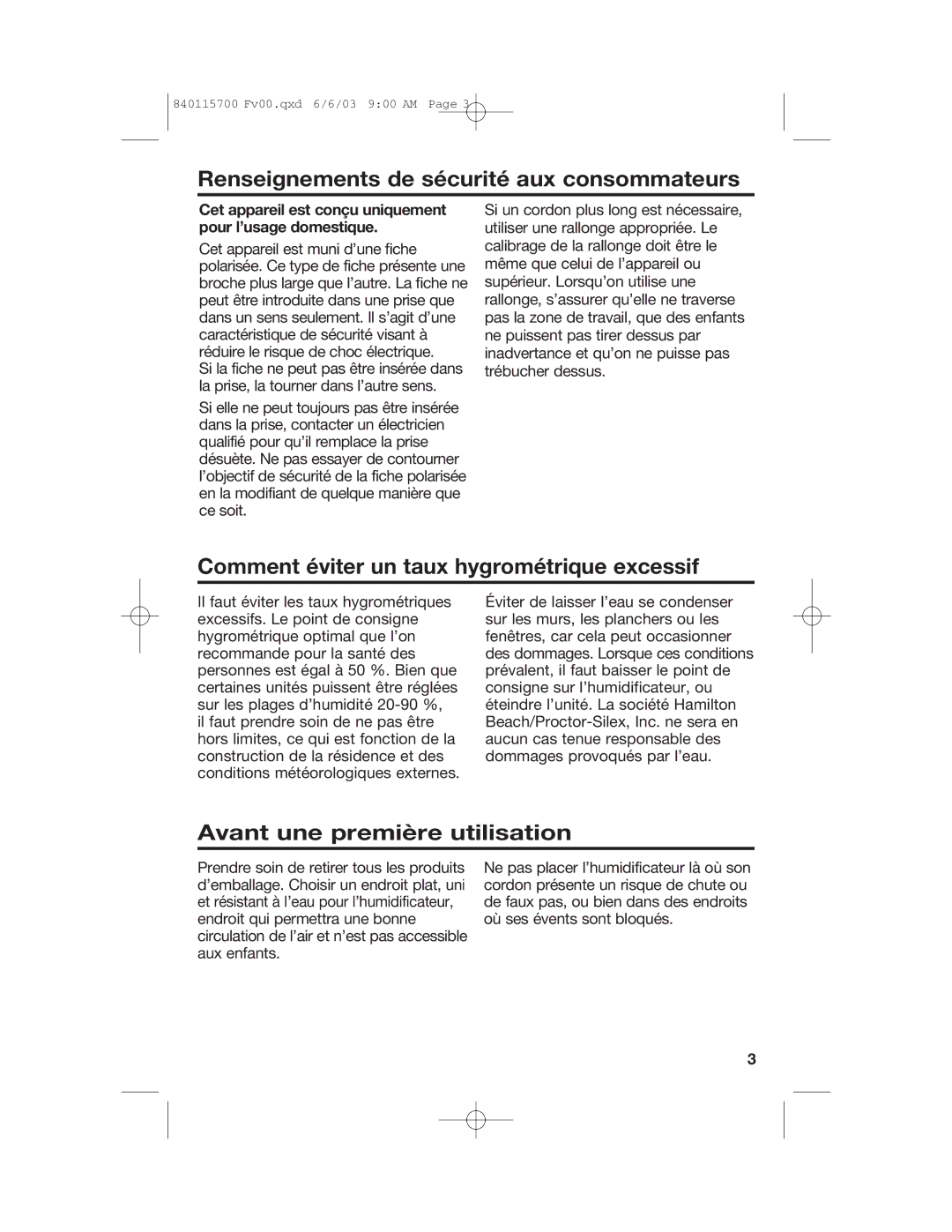 Hamilton Beach 05518C, 05520C Renseignements de sécurité aux consommateurs, Comment éviter un taux hygrométrique excessif 