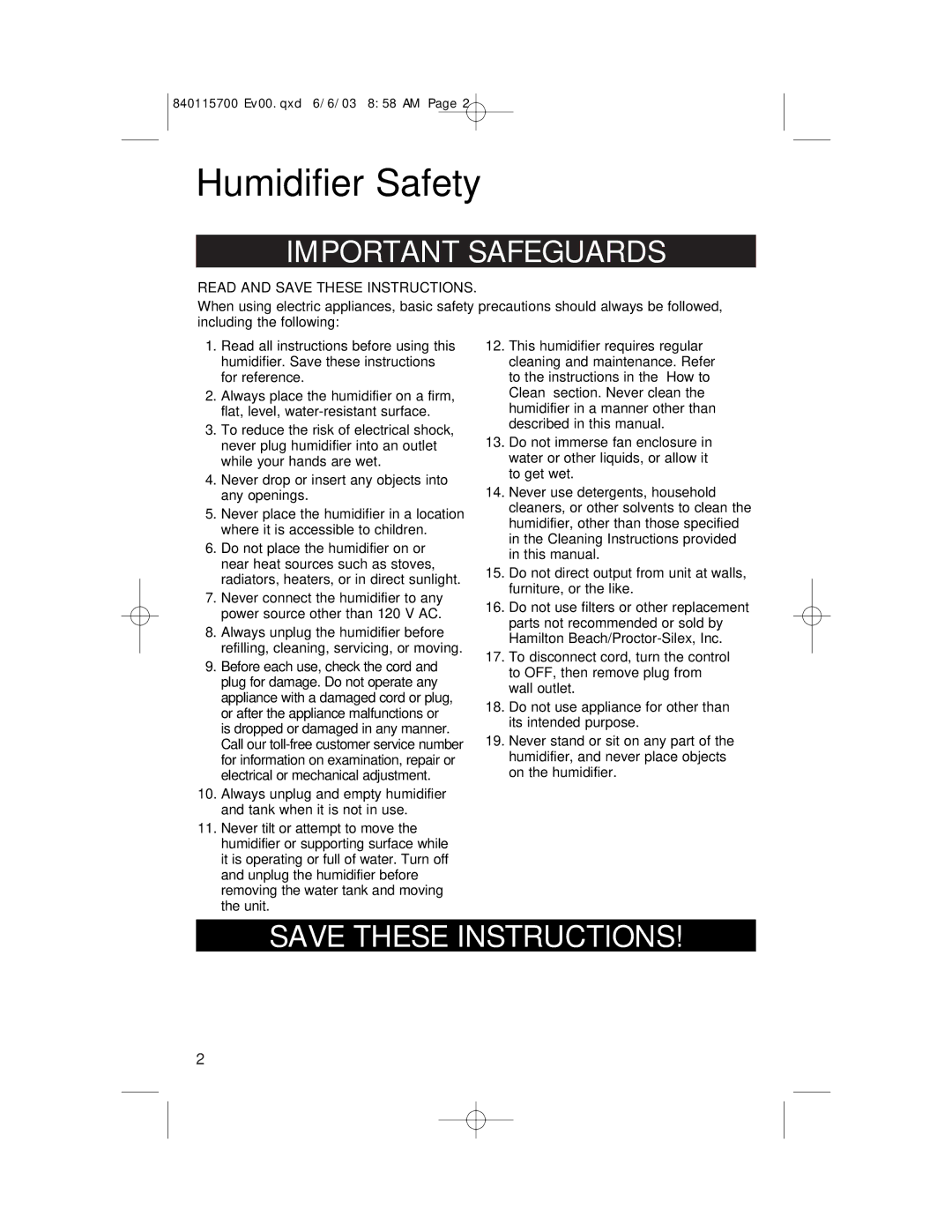 Hamilton Beach 05910, 05520C, 05518C, 05519C, 05521C, 05920 manual Humidifier Safety, Important Safeguards 