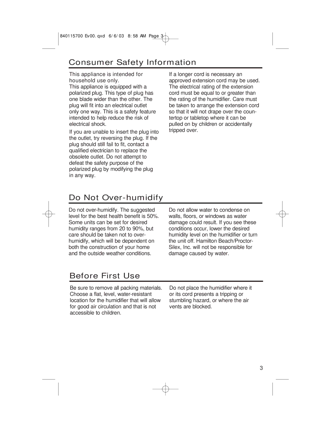 Hamilton Beach 05519C, 05520C, 05518C, 05910, 05521C manual Consumer Safety Information, Do Not Over-humidify, Before First Use 