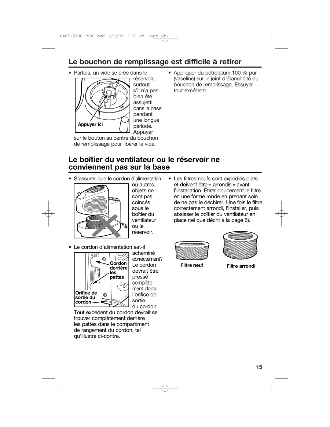 Hamilton Beach 05521C, 05520C, 05518C, 05910, 05519C, 05920 manual Le bouchon de remplissage est difficile à retirer 